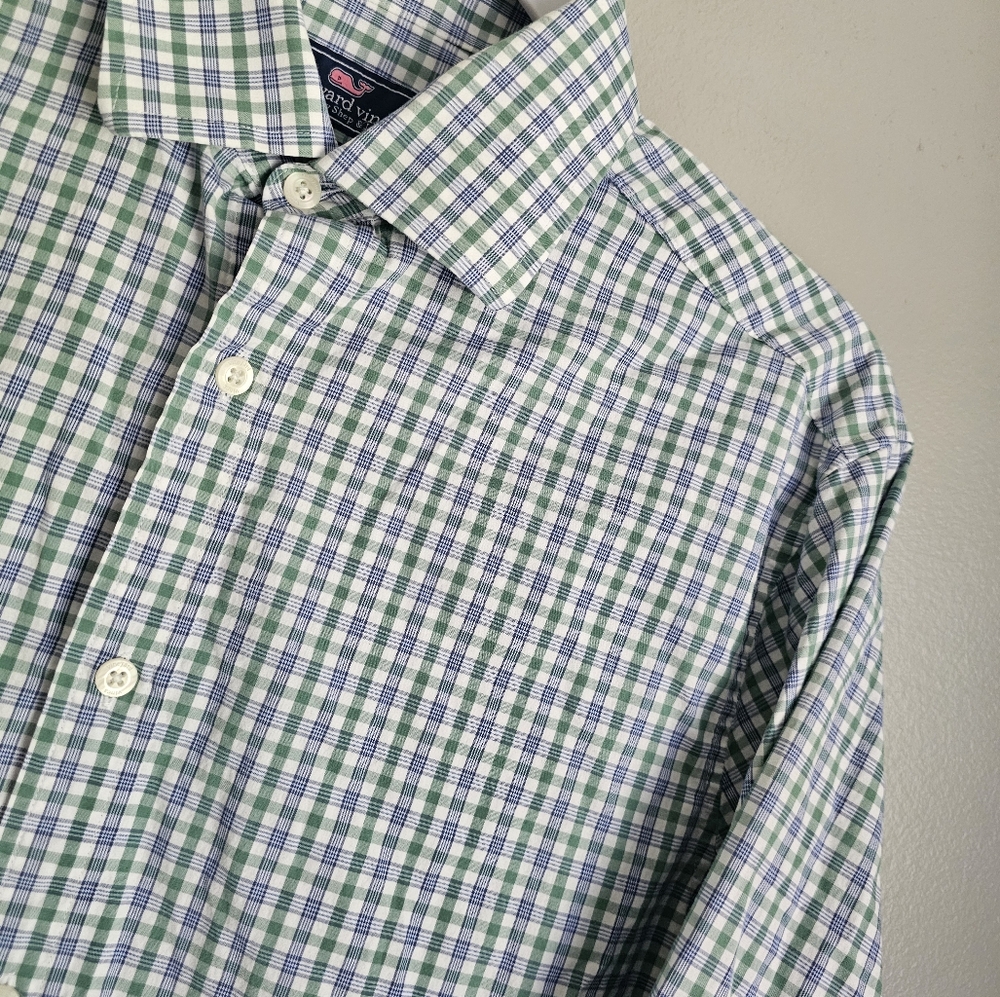 Vineyard Vines Classic Fit Burgee Green and Blue Plaid Button-Up Shirt Size M